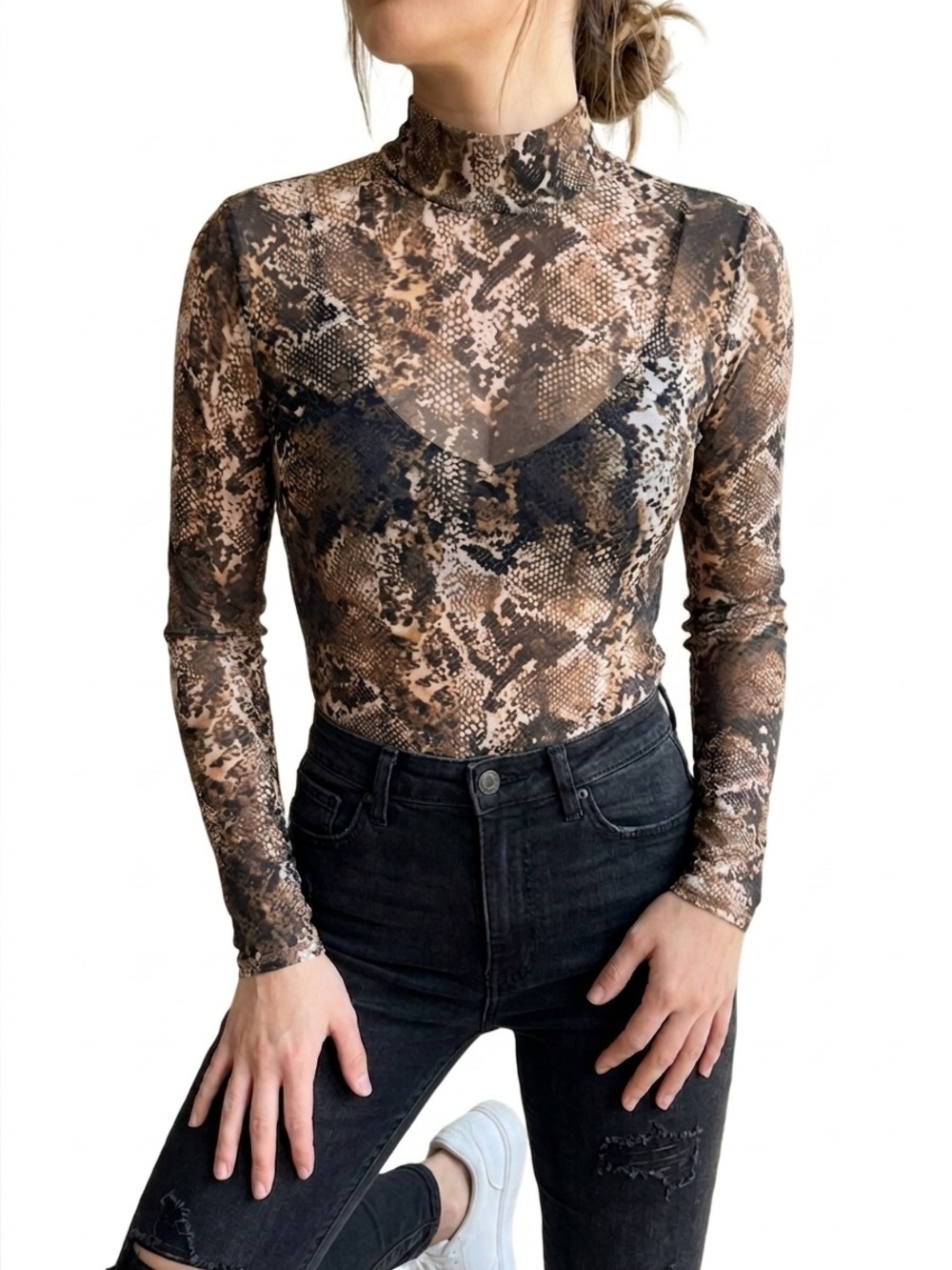 Zara Trafaluc Sheer Snake Print Mock Neck Mesh Top Brown Size M